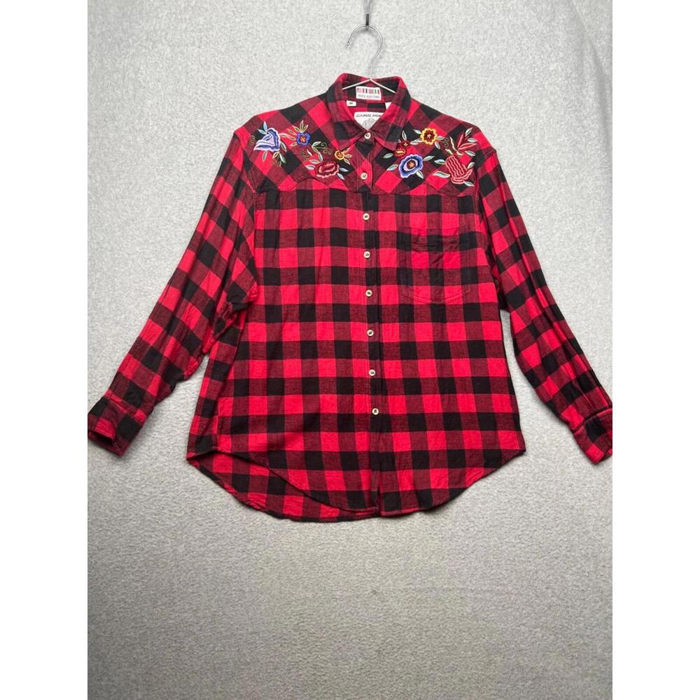 Vintage Carol Horn Flannel Button Up Shirt Womens M Western Plaid Embroidered